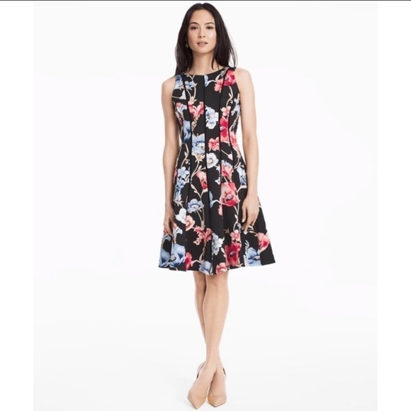 - NWT WHBM Black Pink Floral Print Scuba Fit N Flare Dress - Picture 2 of 13